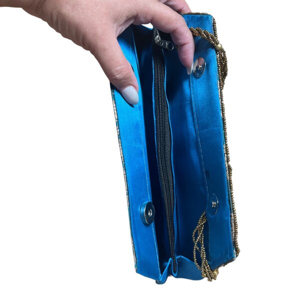 Vintage Blue & Gold Handbag With Beaded Strap & Intricate Embroidery - Picture 2 of 3